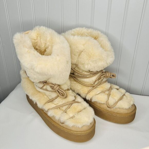 RARE H&M Faux fur Icon Snow Boots Sz 10 Lace Up Soft Biege Boho Soft Fluffy - Picture 2 of 10